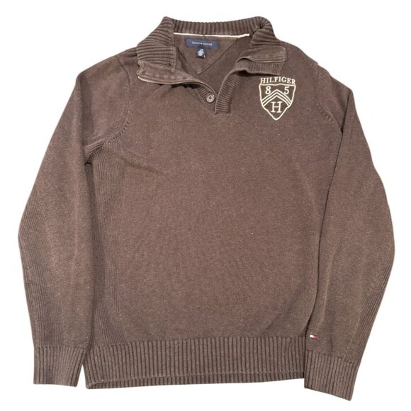 Tommy‎ Hilfiger Mens Brown Blue 1/4 Buttoned Mock Neck Sweater Large Crest |O1 - Picture 1 of 6